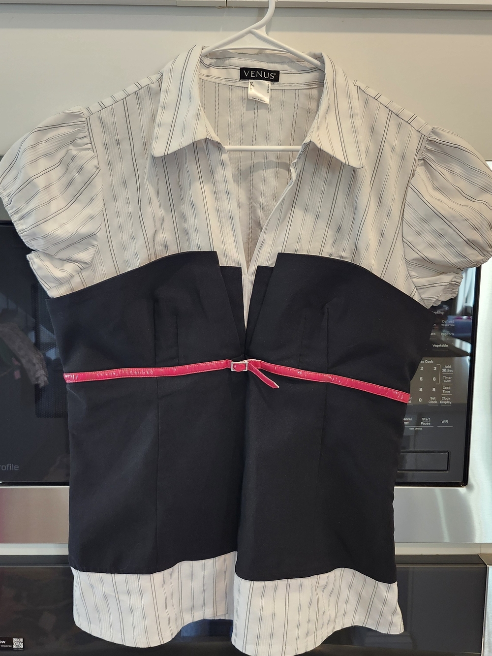 VENUS Black and White Striped Button-Down Top with Hot Pink Ribbon